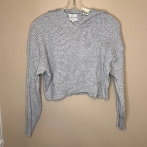 Pink Rose Women’s Cropped Ribbed Hooded Long Sleeve Sweater Size Medium Gray